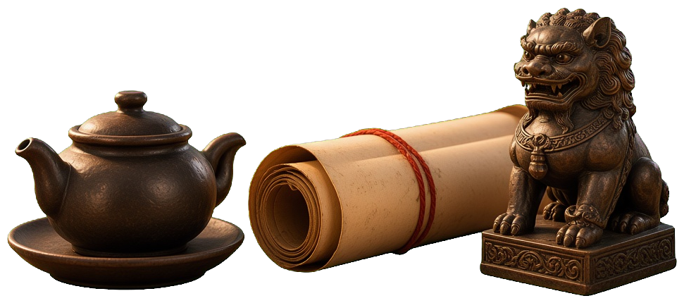 Ấm trà, cuốn thư và nghê đồng